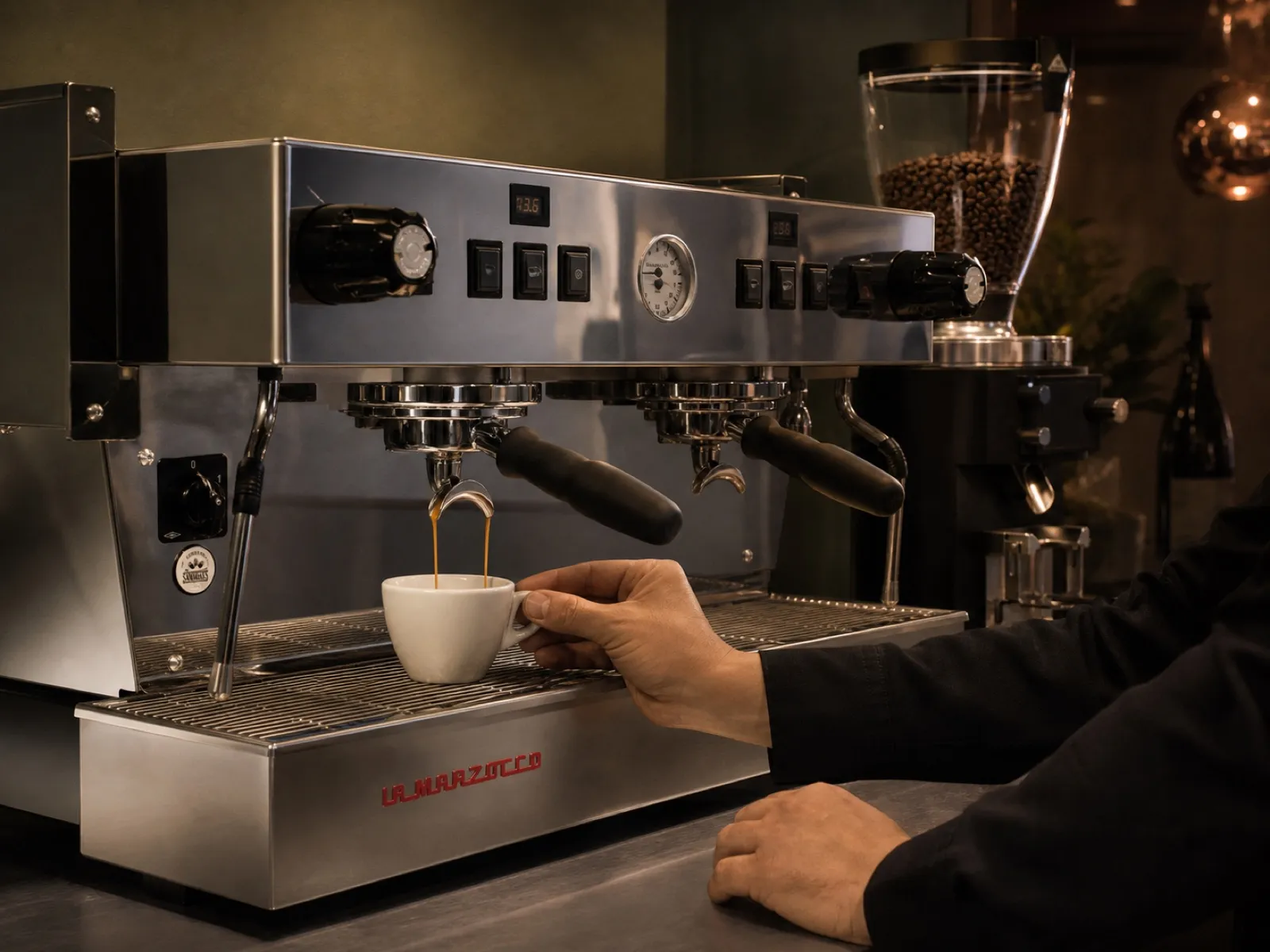 Extraction d'un espresso sur machine La Marzocco, tasse de porcelaine blanche