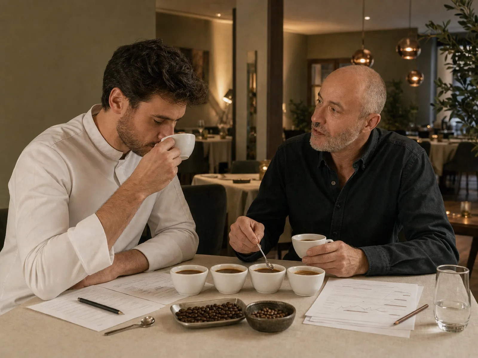 Table de d&eacute;gustation : le torr&eacute;facteur et le chef comparent plusieurs tasses
