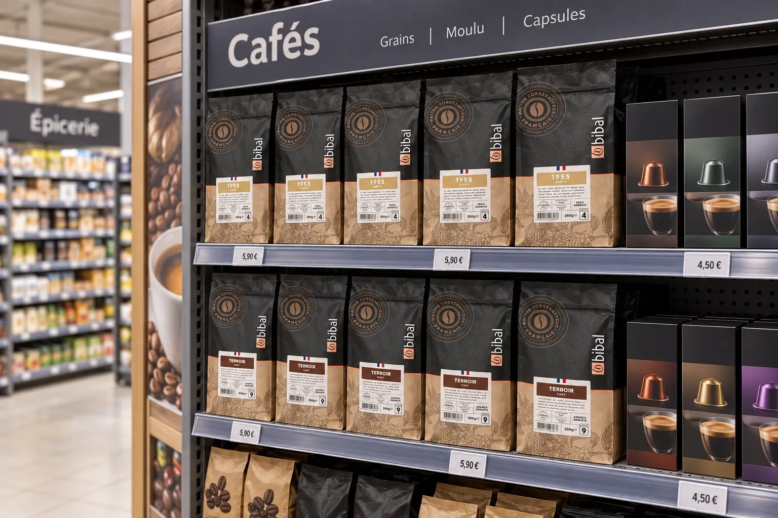 Rayon café d'une grande surface avec les paquets de café en grain et capsules Bibal