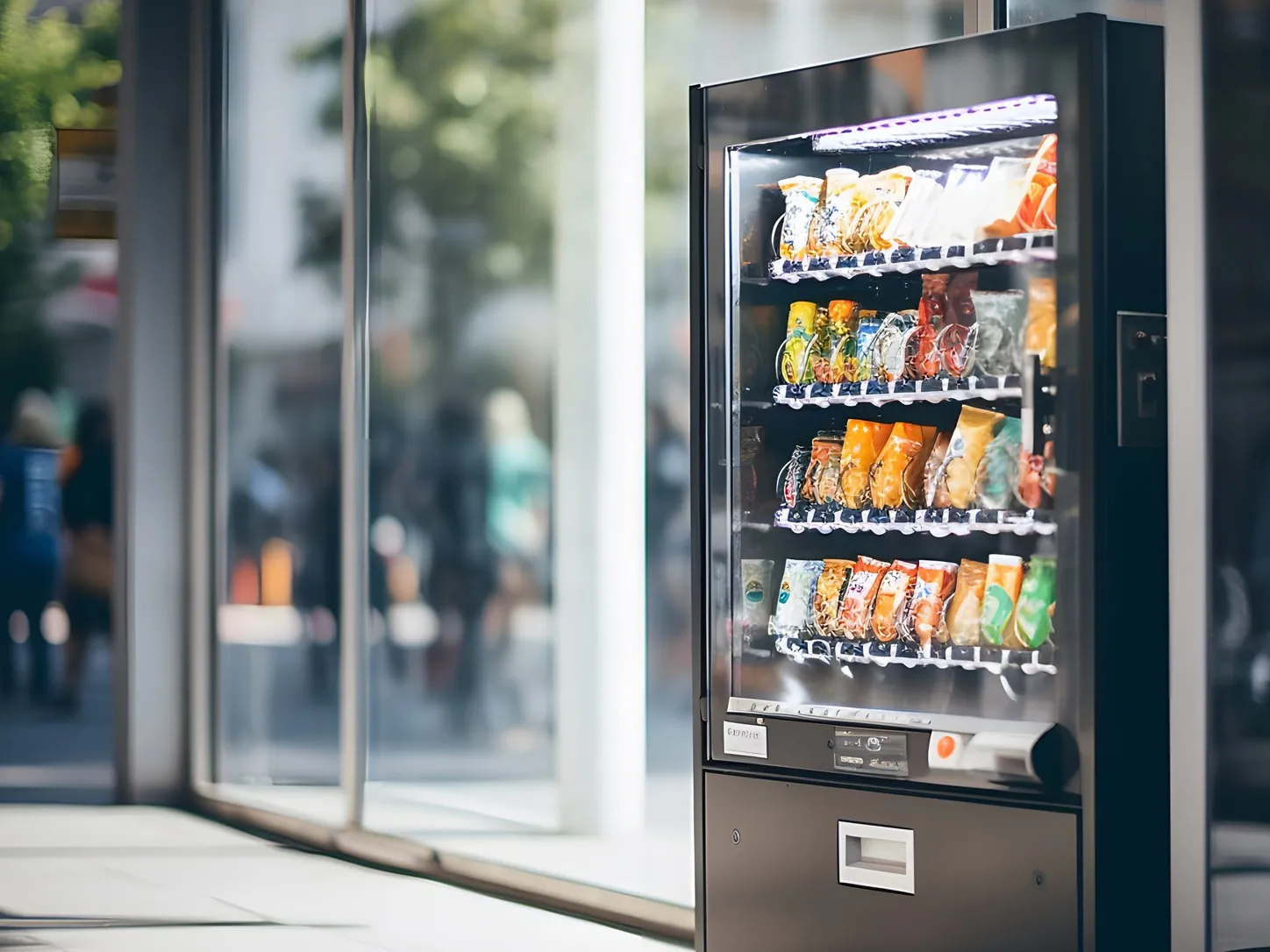 Distributeur automatique de snacking, spirales garnies, dans un hall lumineux