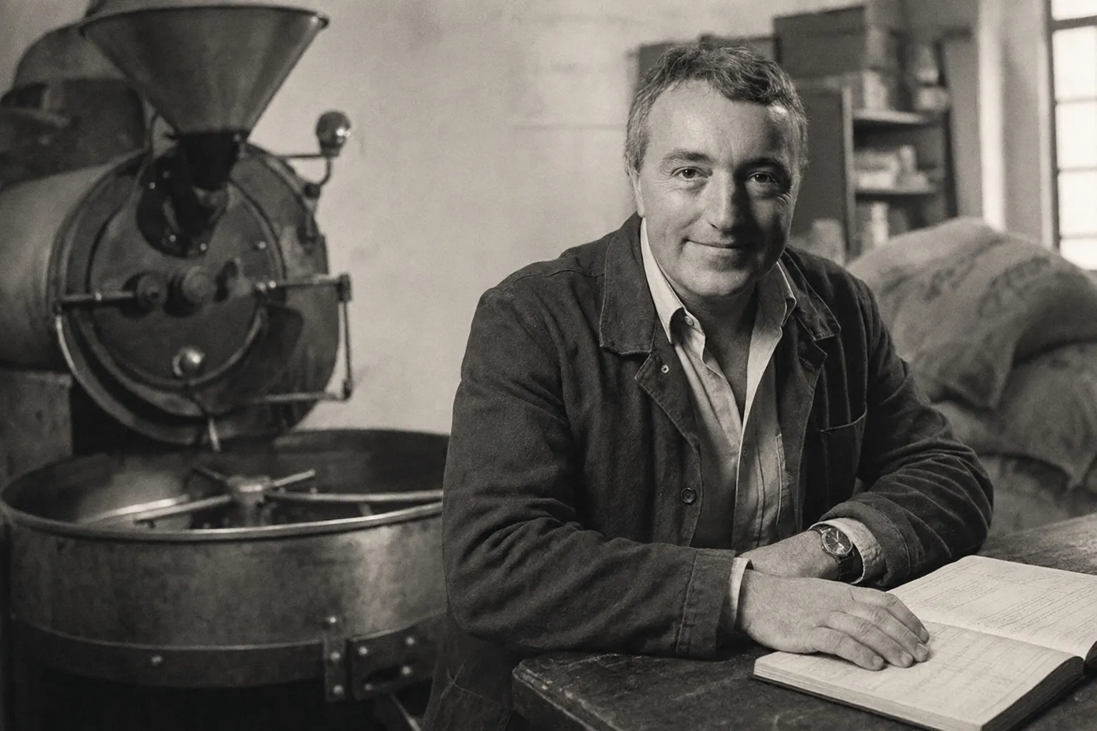 Portrait de Philippe Bertrand dans l'atelier de torréfaction, d'après une archive de la maison