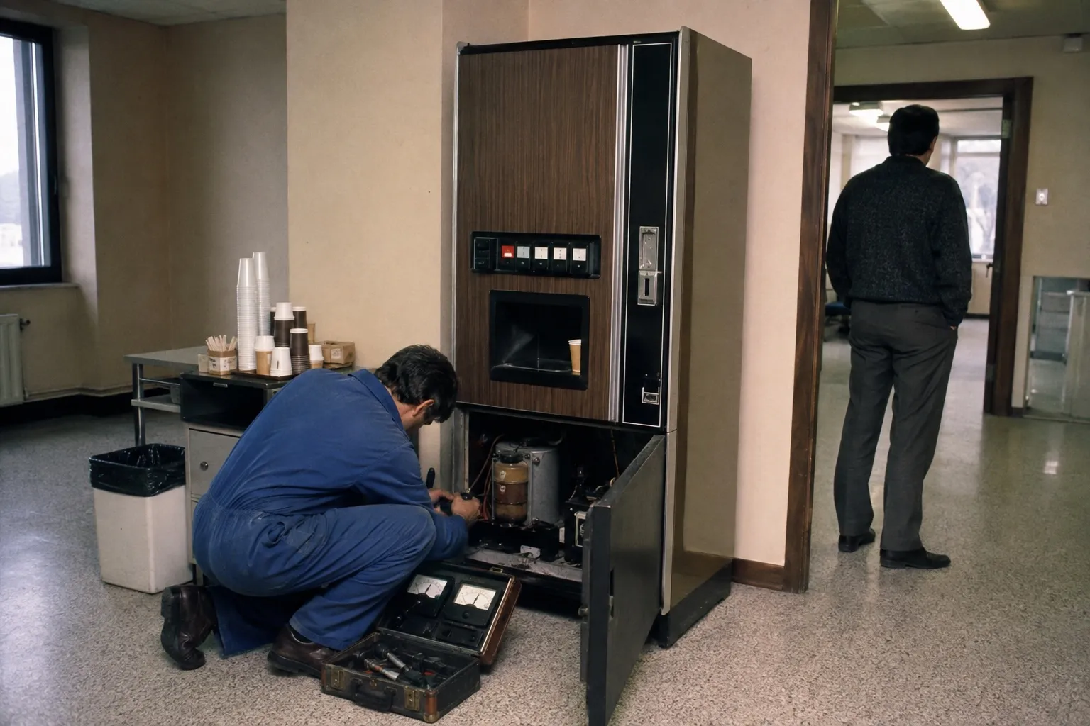 Évocation de la maintenance d'un distributeur automatique au début des années 1990
