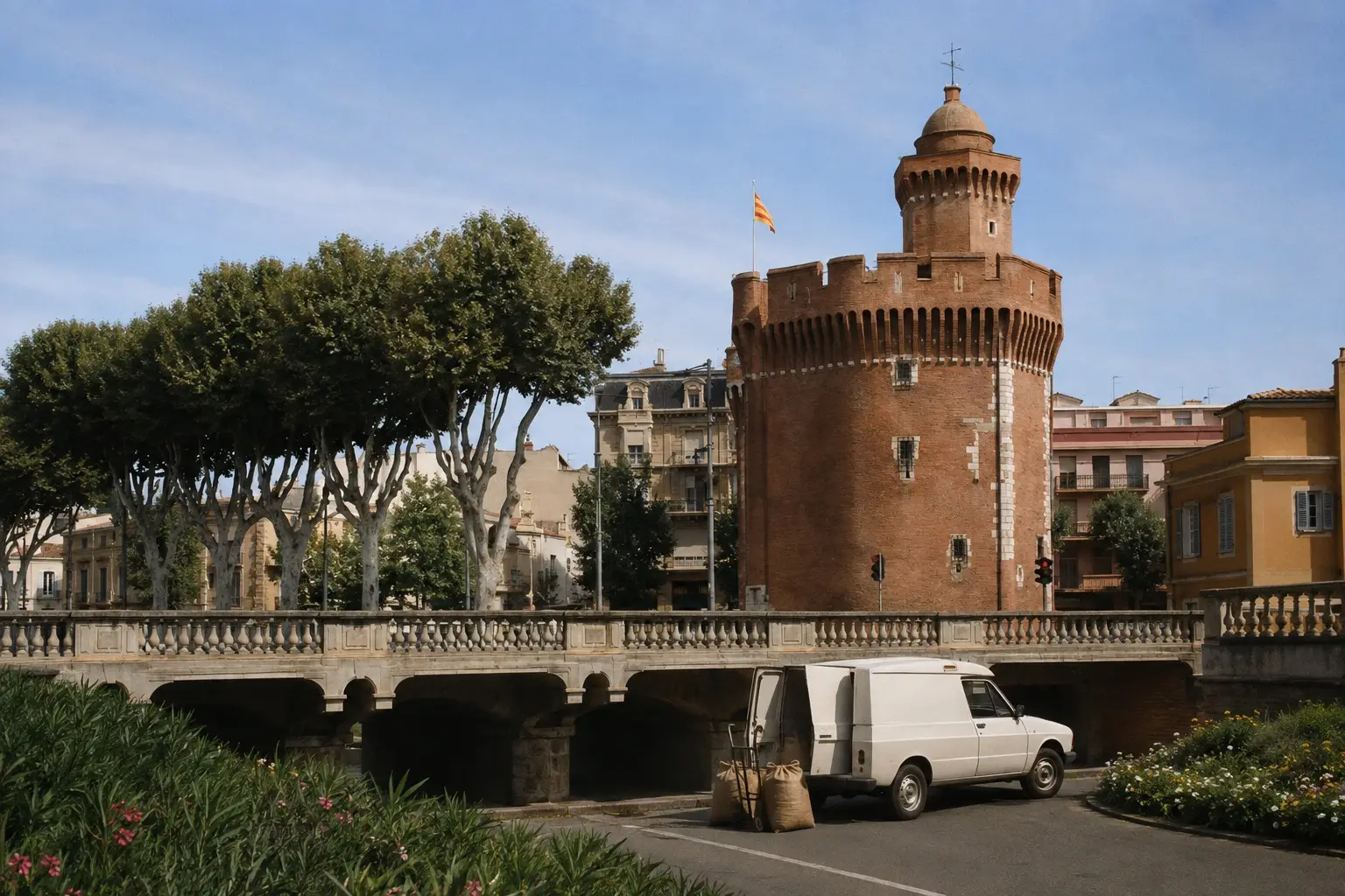 Le Castillet à Perpignan et un véhicule de livraison de l'époque