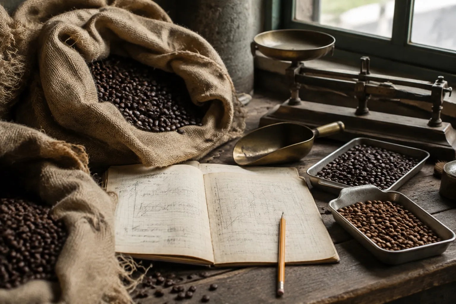 Échantillons de cafés et carnet de création des premiers mélanges signatures