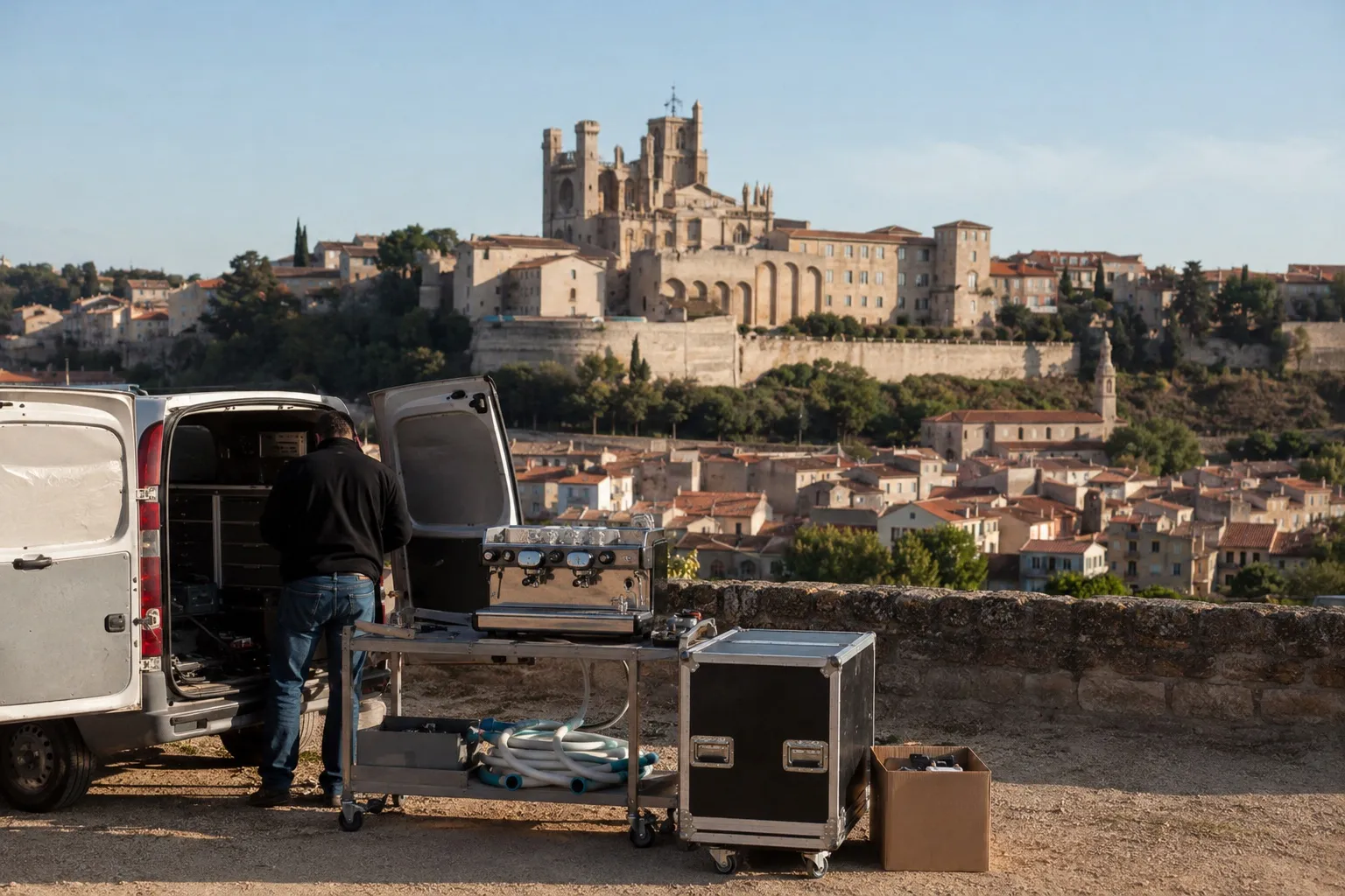 Installation d'une machine à café avec vue sur Béziers