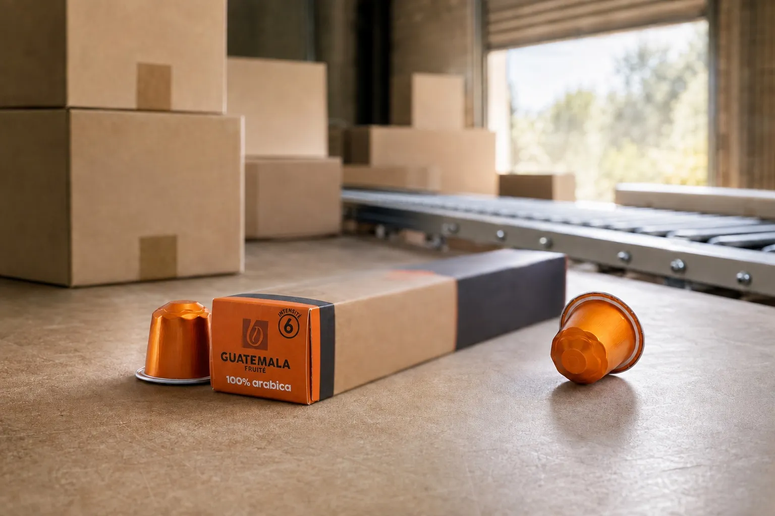 Capsules Guatemala Bibal dans un atelier logistique