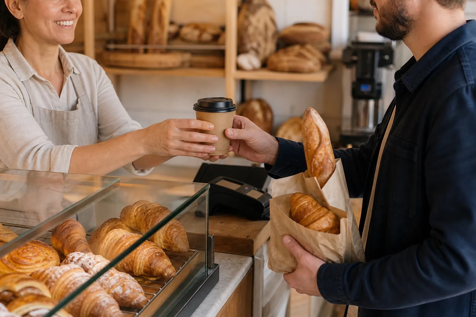 Boulangerie cliente Bibal : remise d'un café à emporter avec un sac de viennoiseries