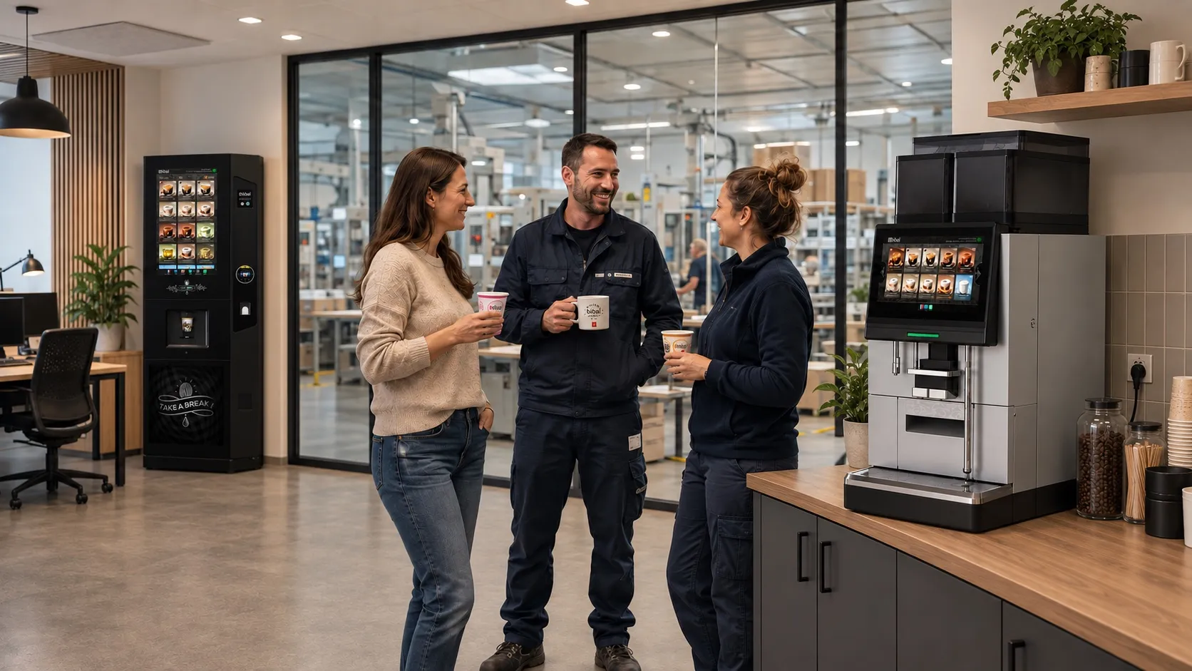 Collaborateurs en pause café Bibal entre bureaux modernes et atelier de production vitré, avec machine Astra et distributeur Nova