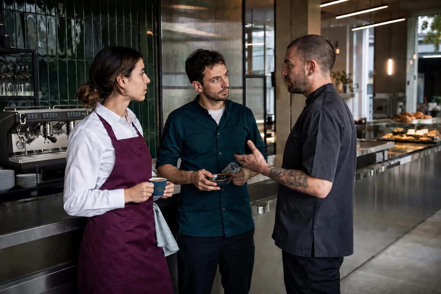 Équipe de professionnels dans un comptoir moderne, avec une Appia II à gauche et une tasse Héritage bleue tenue en main