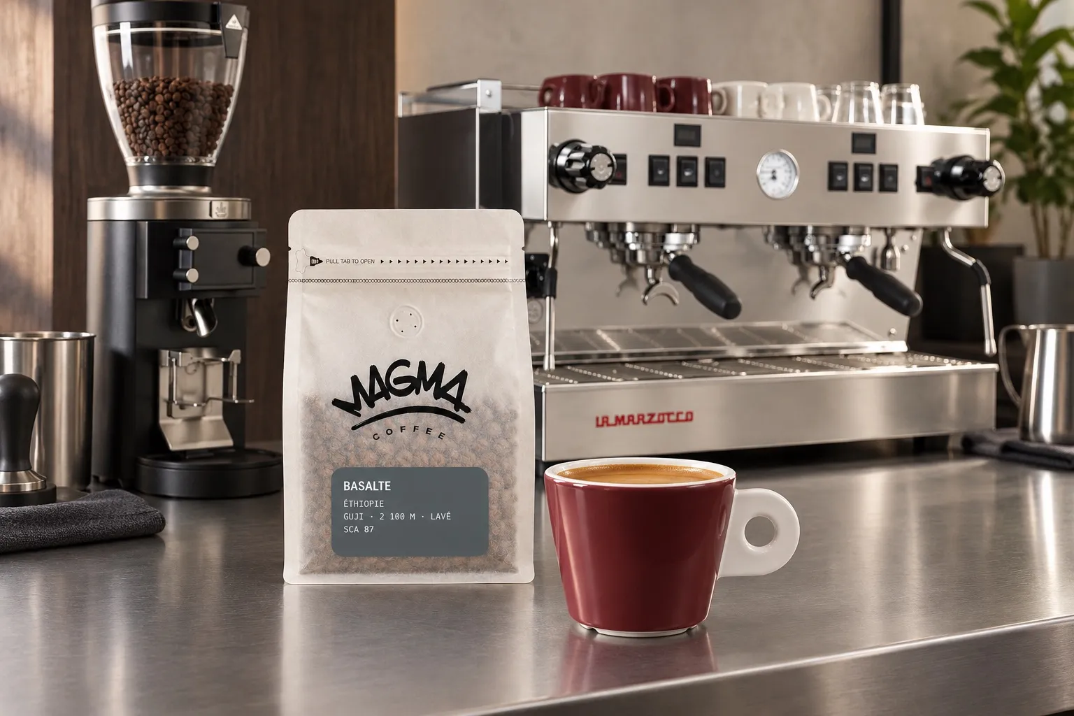 Espresso Magma en tasse au comptoir