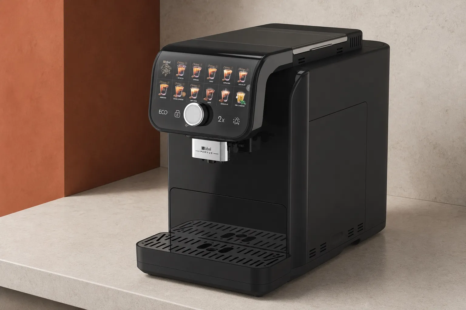 Machine à café en grain Parvus, broyeur intégré et écran de sélection des boissons