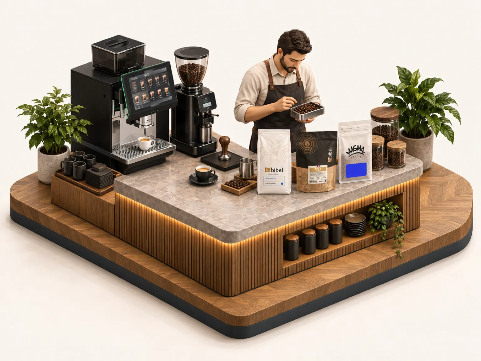 Illustration 3D isométrique : la machine à café et son moulin avec les paquets des gammes Bibal Pro, Héritage et Magma, un torréfacteur en fond