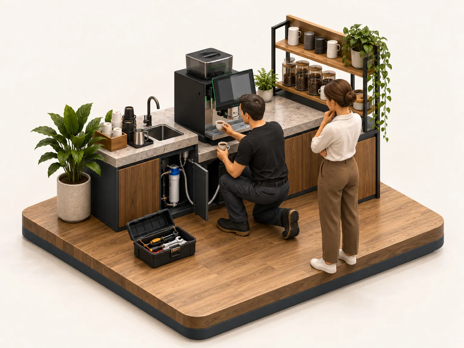 Illustration 3D isométrique : un technicien Bibal raccorde et règle la machine à café sur le comptoir, tasse de calibrage à la main, l'équipe du lieu regarde