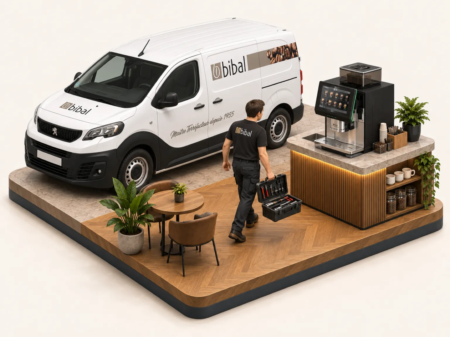 Illustration 3D isométrique : le véhicule de l'agence Bibal locale devant l'établissement, un technicien entre avec sa caisse à outils pour la maintenance de la machine