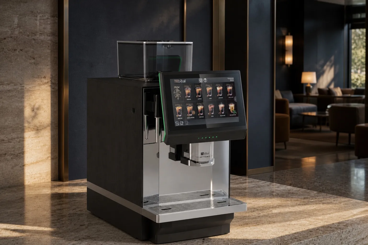 Machine automatique Astra au premier plan dans un lounge hôtelier