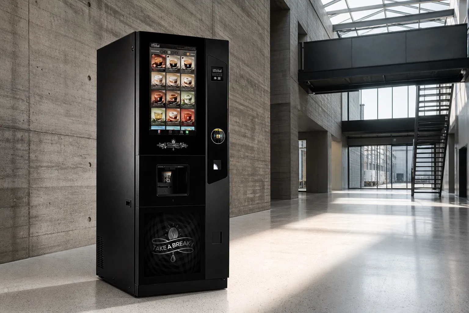 Distributeur Nova Smart au premier plan dans le hall d'une usine contemporaine