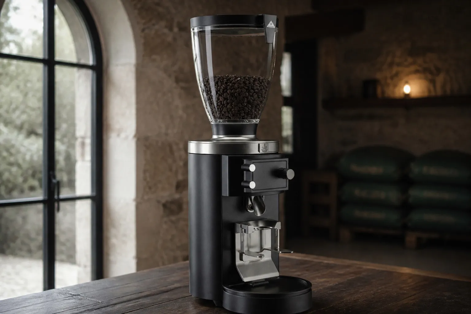 Moulin E65W au premier plan dans une micro-torréfaction contemporaine