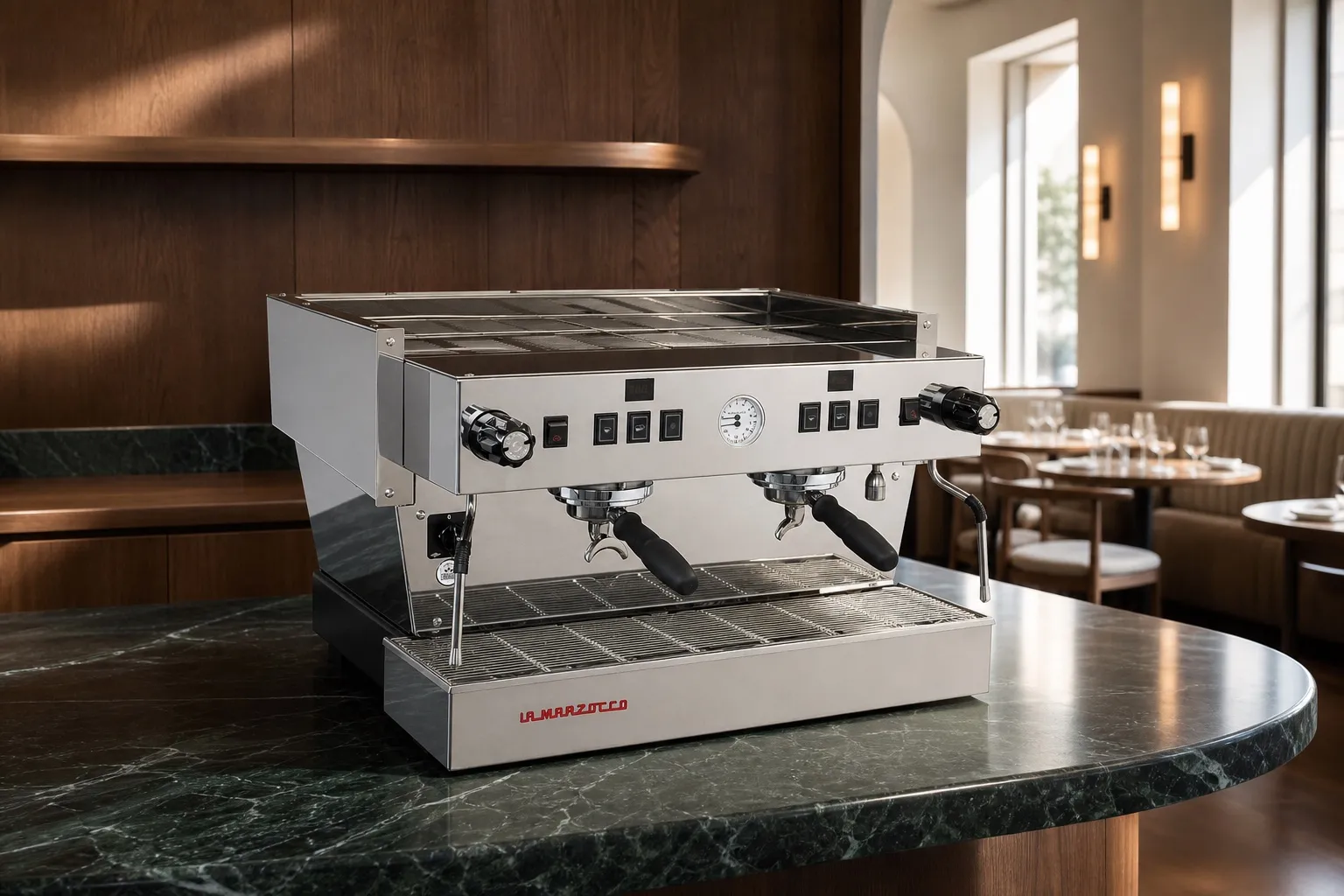 Machine traditionnelle Linea Classic S deux groupes sur un bar de restaurant contemporain