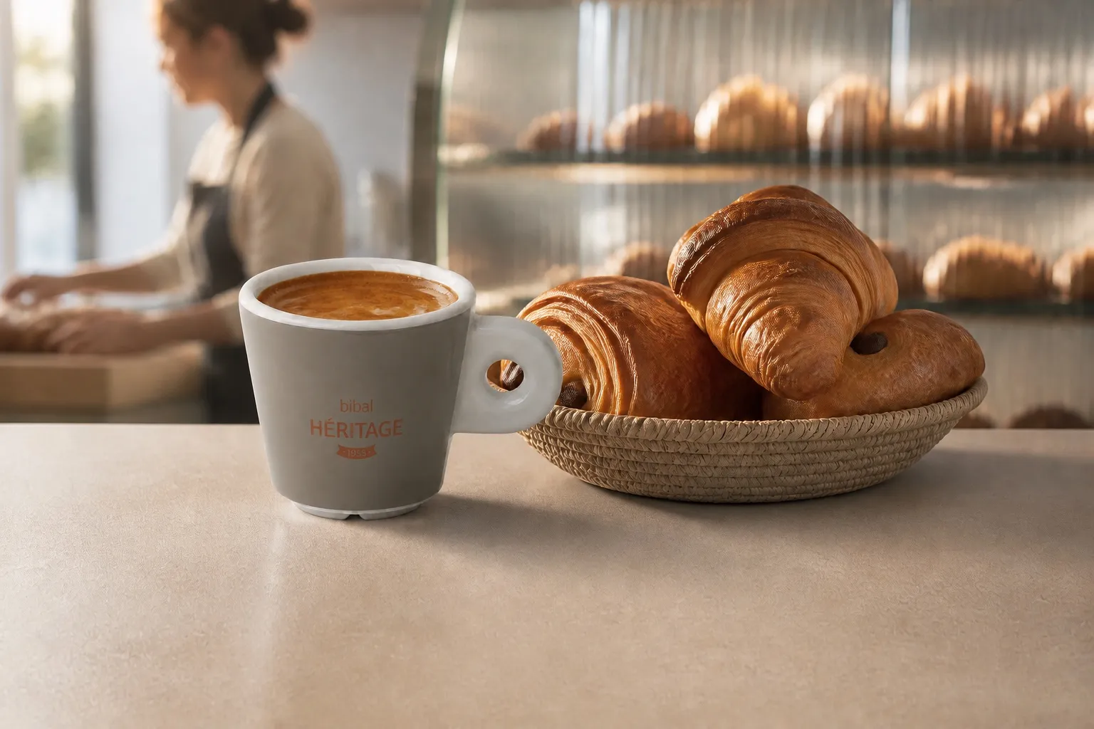 Comptoir de boulangerie avec corner café — page métier Boulangeries et Points chauds