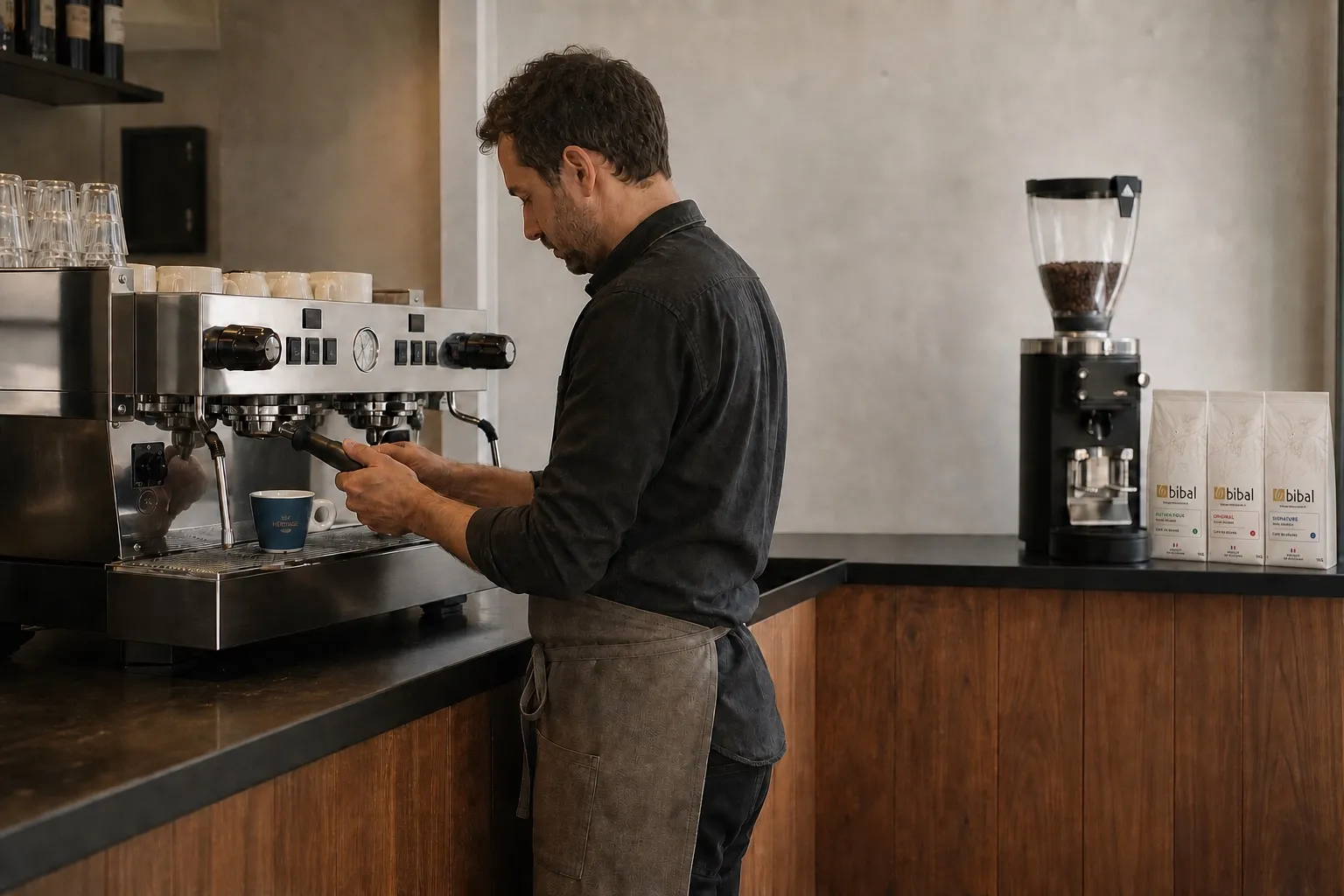 Le patron du bar au service de sa machine espresso traditionnelle, moulin et paquets de café Bibal sur le comptoir
