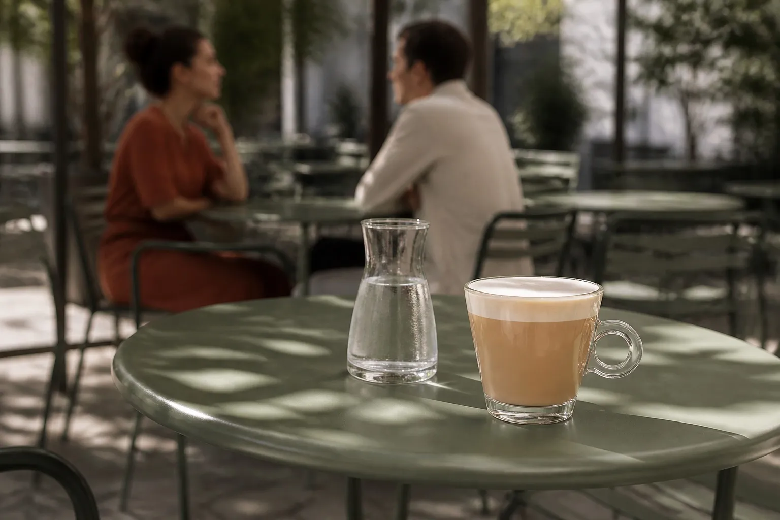 Grand crème servi en terrasse l’après-midi, clients en conversation