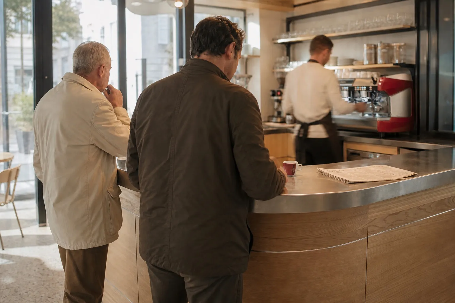 Le comptoir de la brasserie au service du matin, clients au zinc