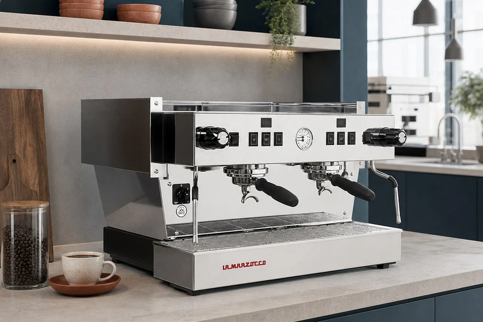 Machine espresso traditionnelle installée sur le comptoir de la brasserie, prête pour le service