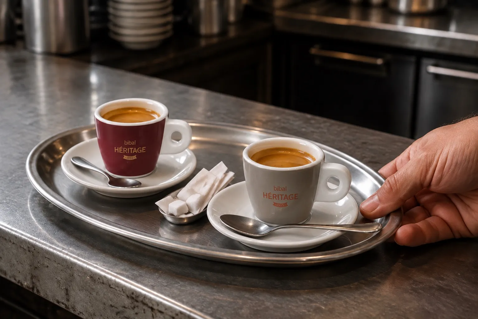 Plateau inox avec deux expressos Bibal Héritage tendu au-dessus du comptoir