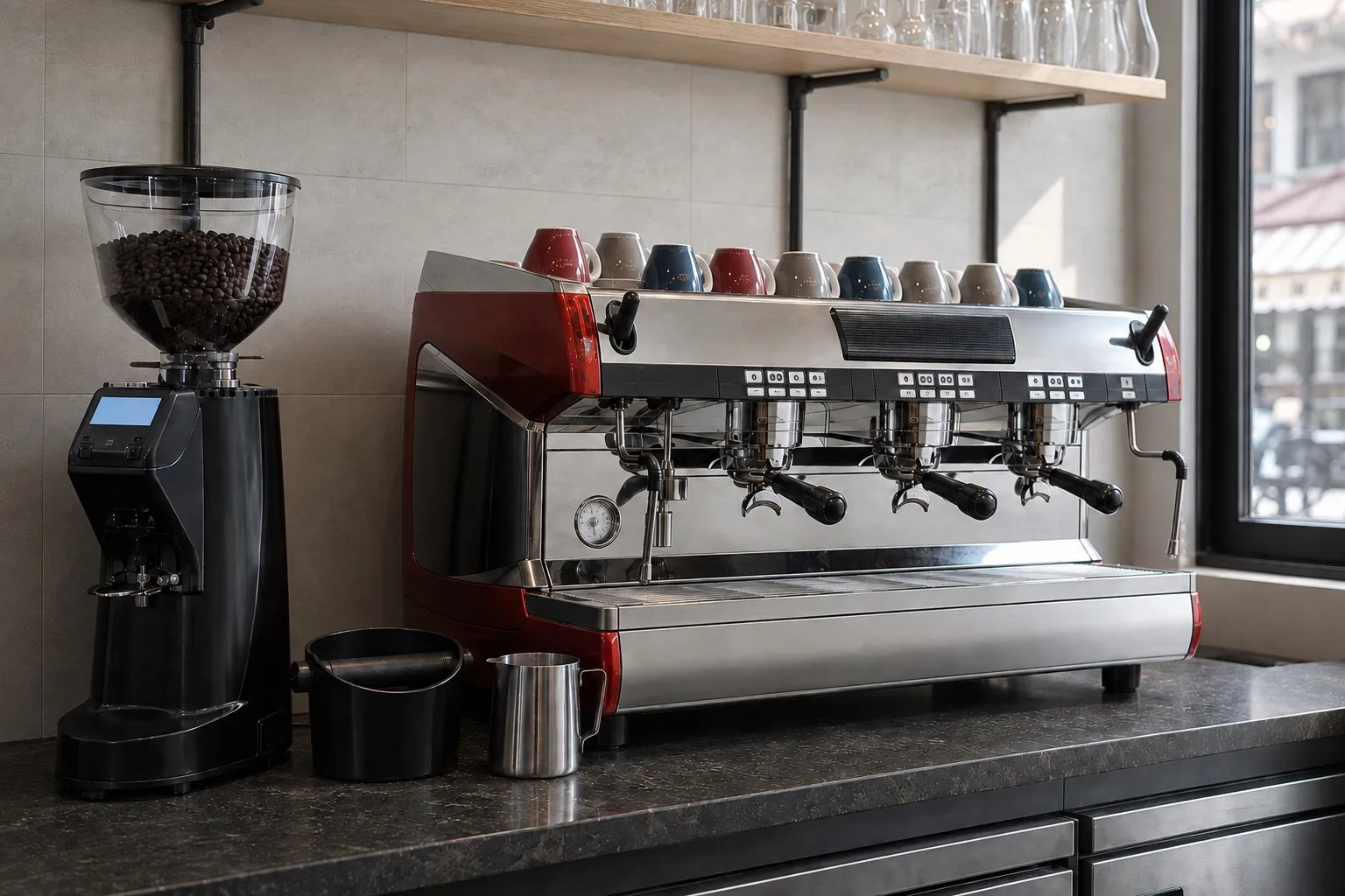 Machine espresso traditionnelle et moulin installés sur le comptoir du café, prêts pour le service