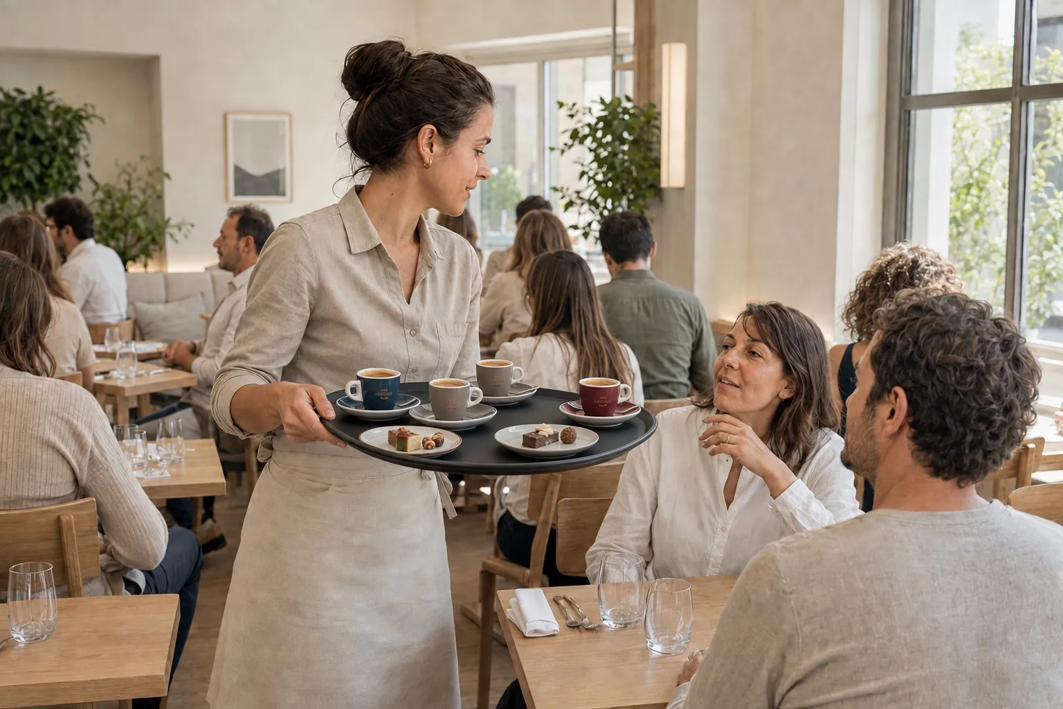 Serveuse apportant un plateau de cafés dans une salle lumineuse et pleine