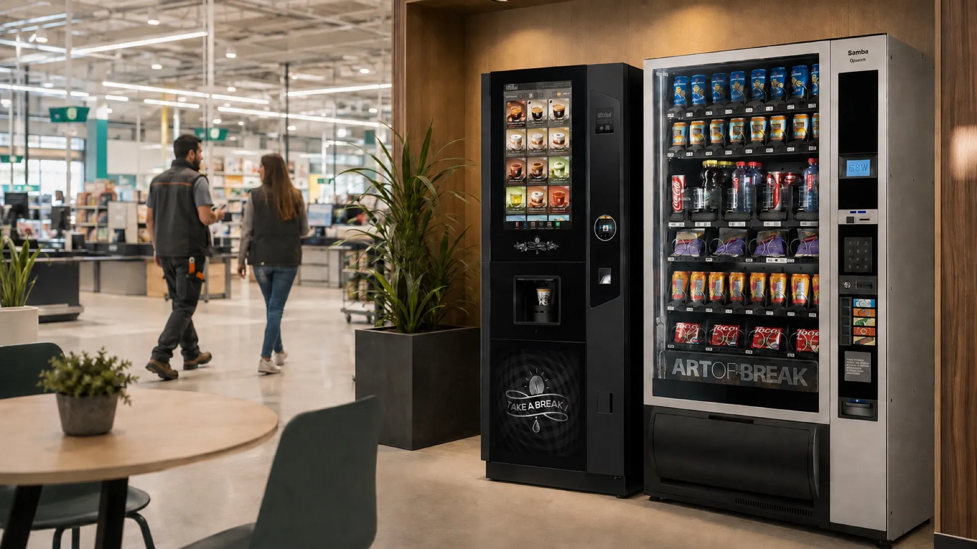 Point café d'une grande surface équipé d'un distributeur Nova Smart et d'un distributeur Samba