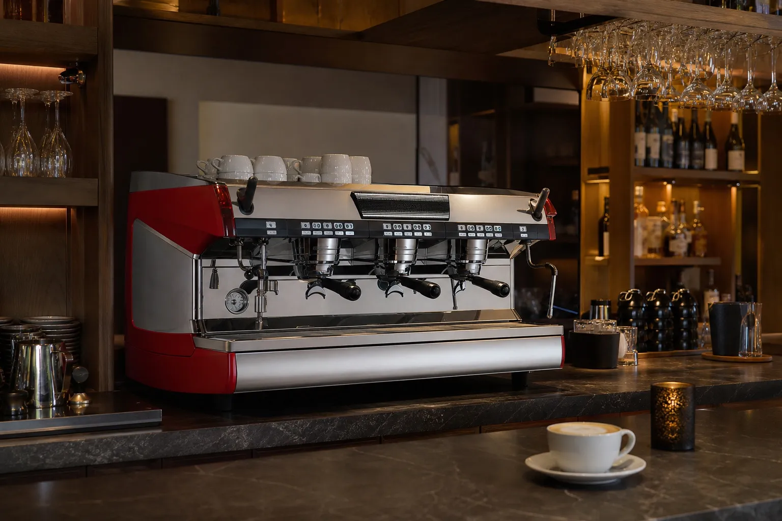 Machine Aurelia mise en valeur dans le bar élégant d’un hôtel, prête pour le service