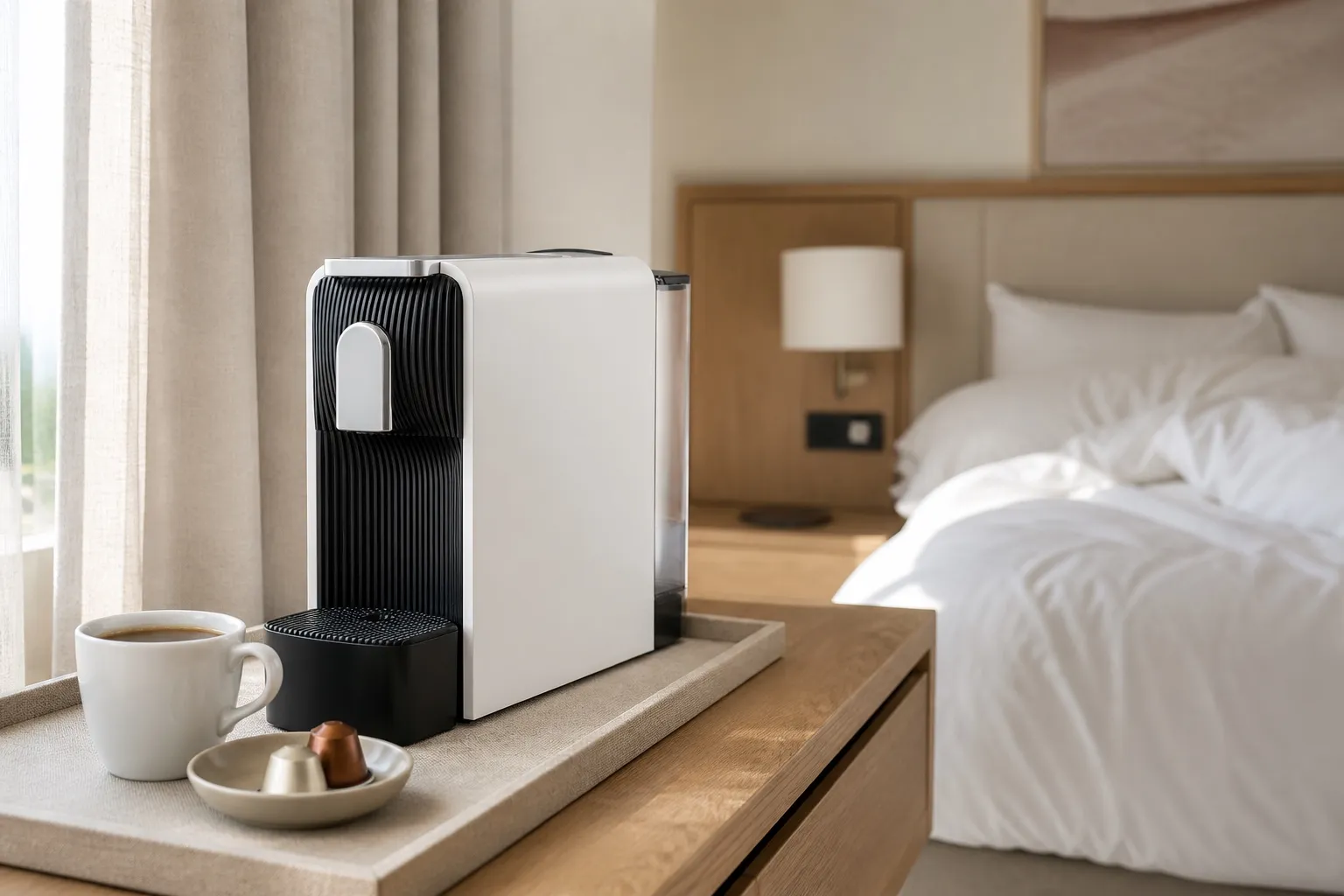Machine Capsy sur le plateau de courtoisie d’une belle chambre d’hôtel au réveil