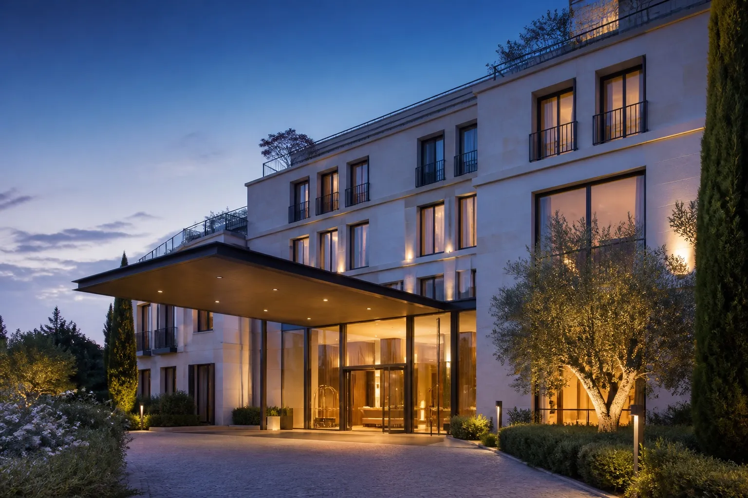 Façade et entrée lumineuse d’un bel hôtel contemporain au lever du jour