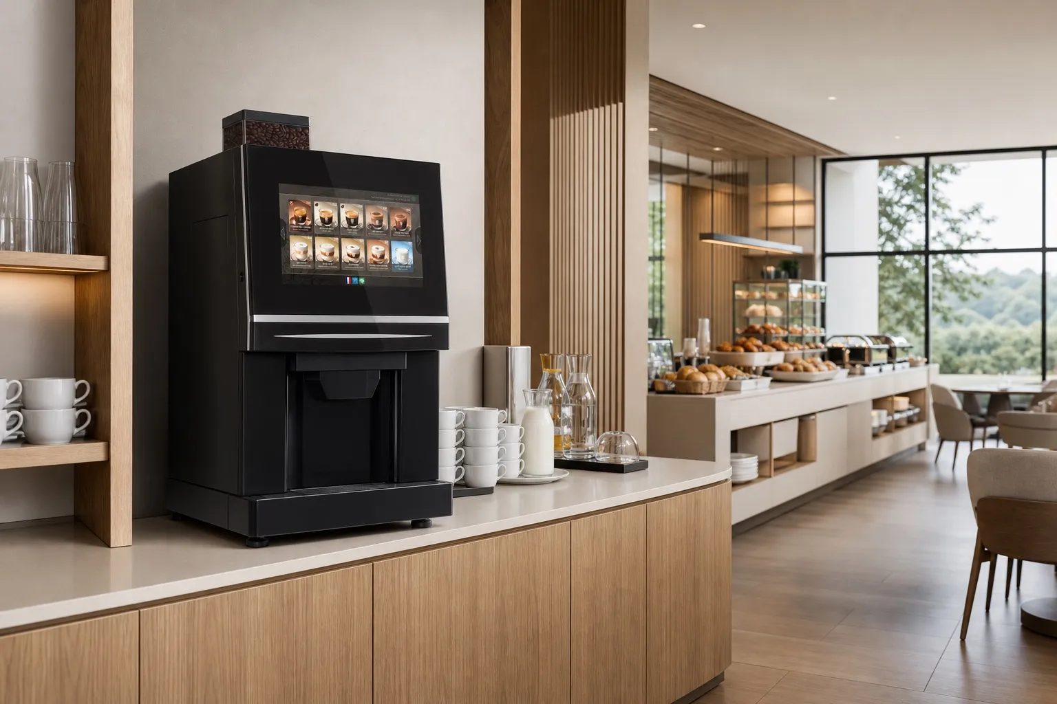Machine Rodha Lounge mise en valeur dans une salle de petit-déjeuner d’hôtel, sans personne devant