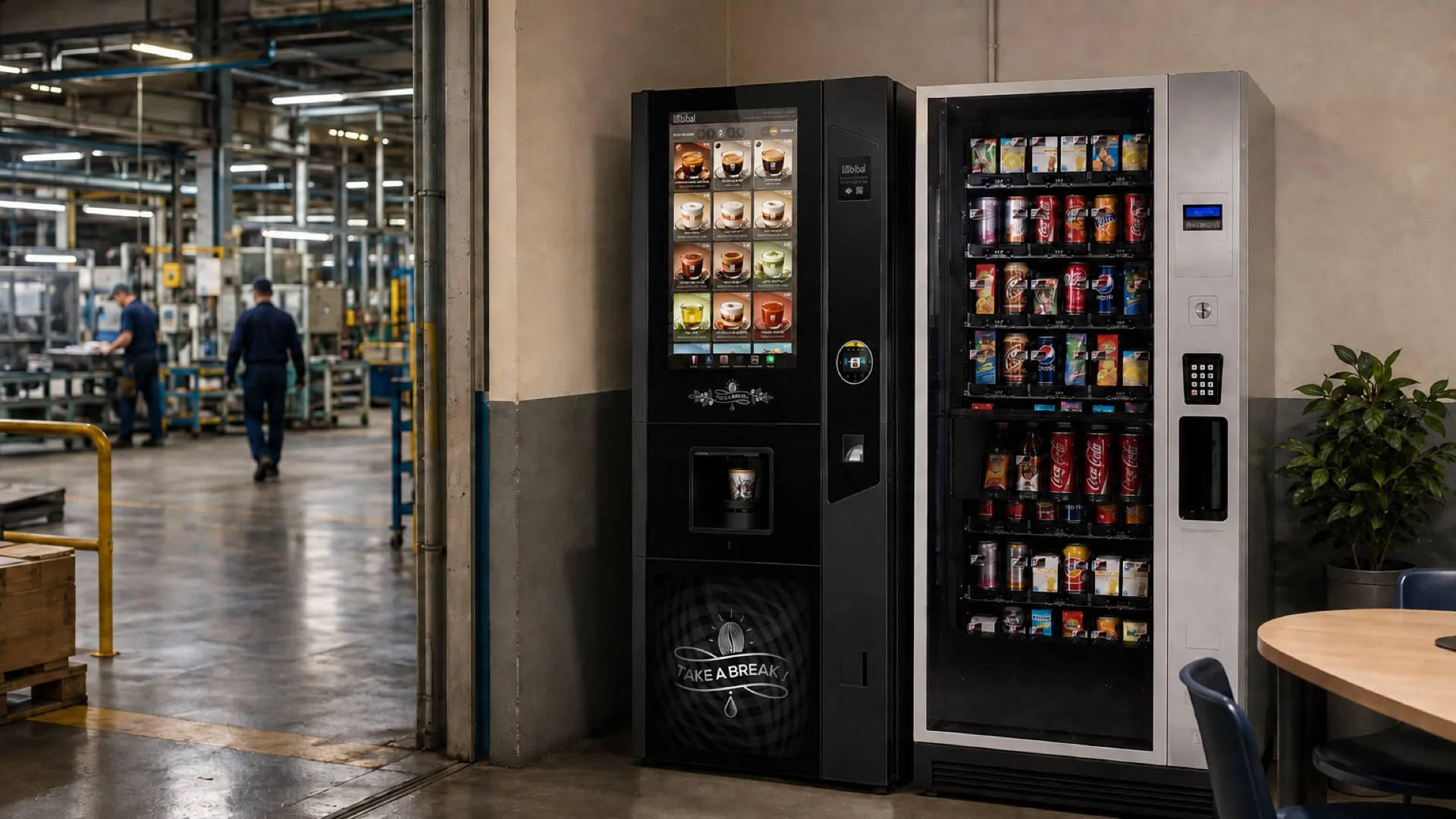 Coin pause ouvert sur une usine, équipé d'un distributeur Nova Smart et d'un distributeur Robimat