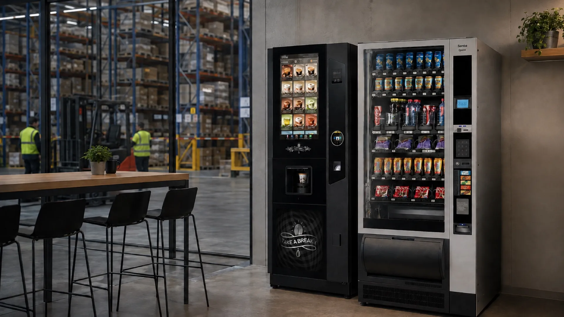 Espace de pause vitré dans un entrepôt logistique, équipé d'un distributeur Nova Smart et d'un distributeur Samba