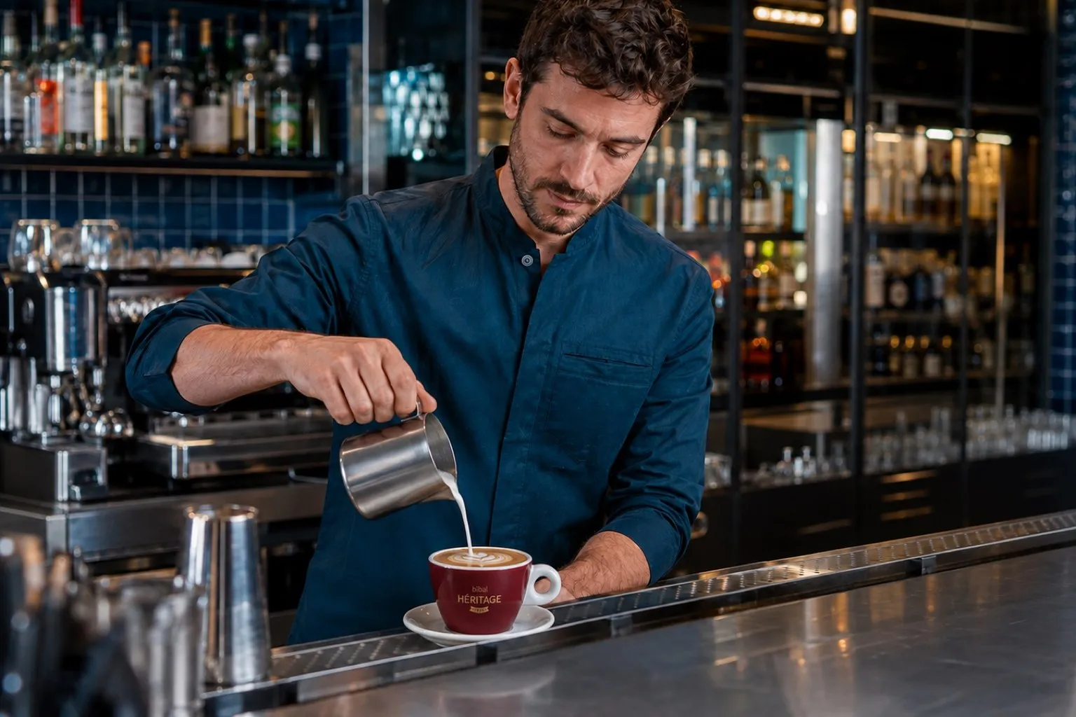Le barista verse la mousse de lait dans une tasse Bibal pour dessiner le latte art