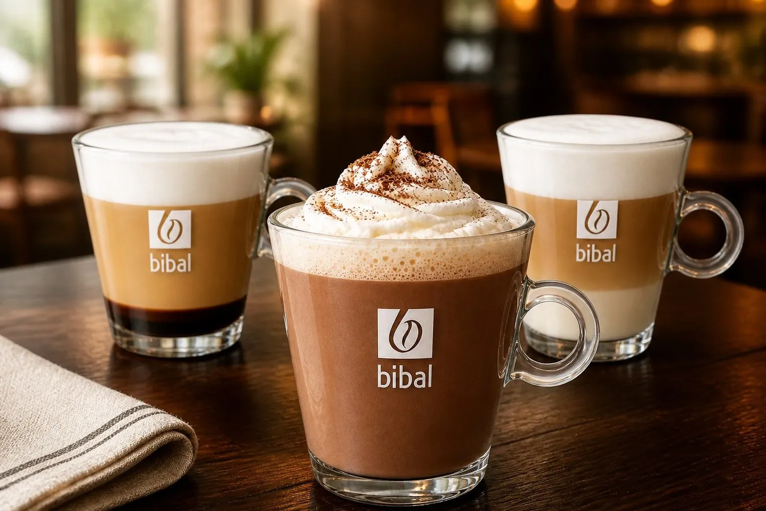 Trois boissons gourmandes Bibal : latte, chocolat viennois à la chantilly et cappuccino sur une table en bois