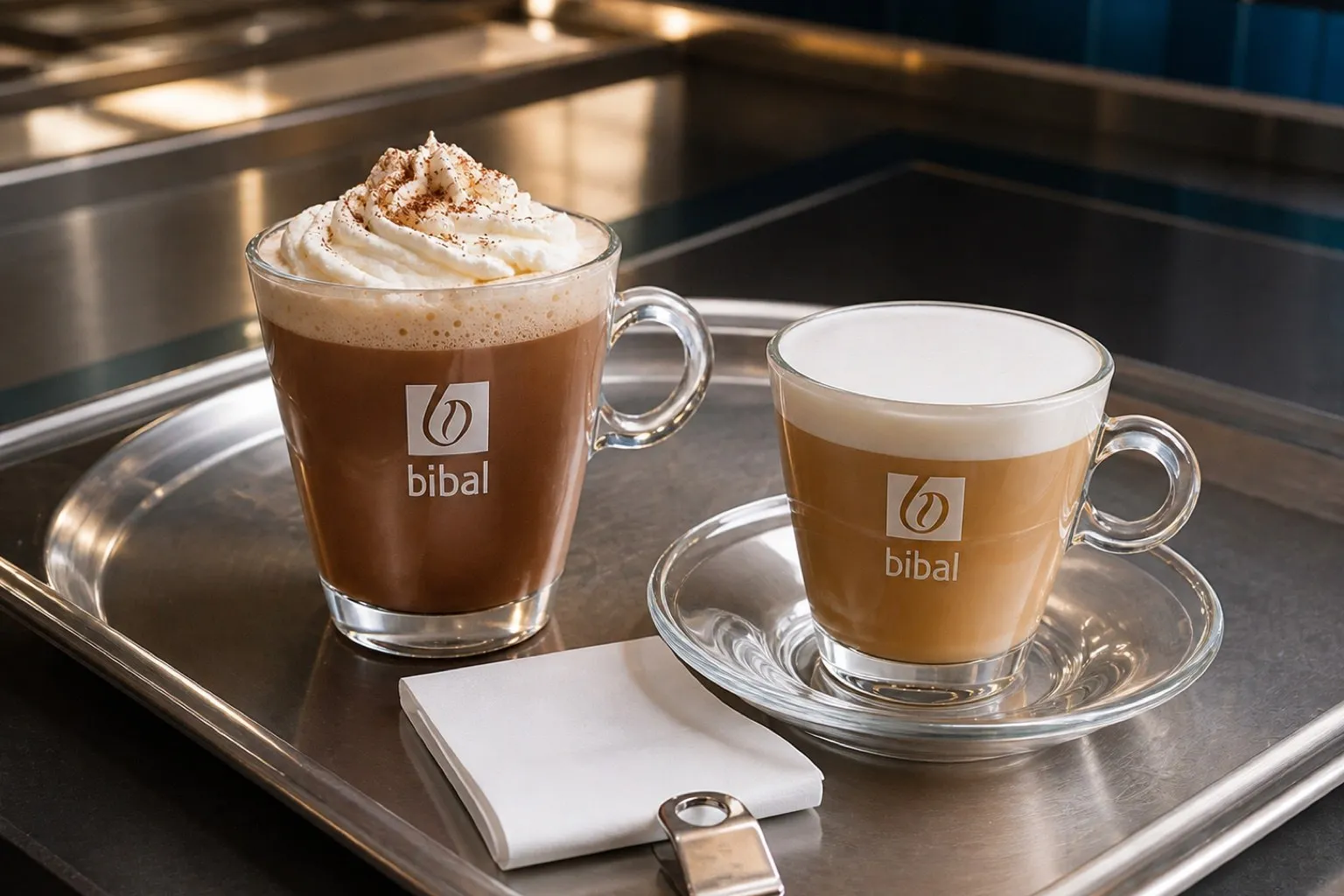 Plateau de service avec chocolat viennois à la chantilly et cappuccino, prêt à partir en salle
