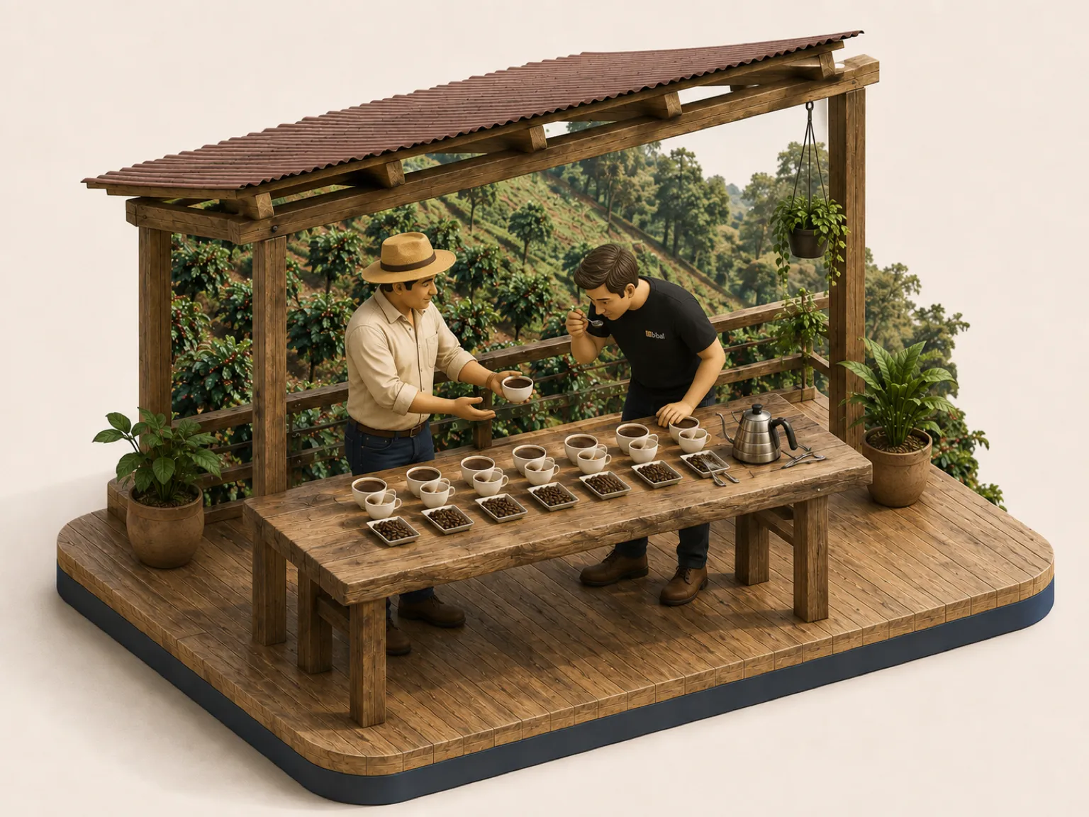 Illustration 3D isométrique : table de cupping à la finca, l'acheteur Bibal et le producteur goûtent les lots ensemble