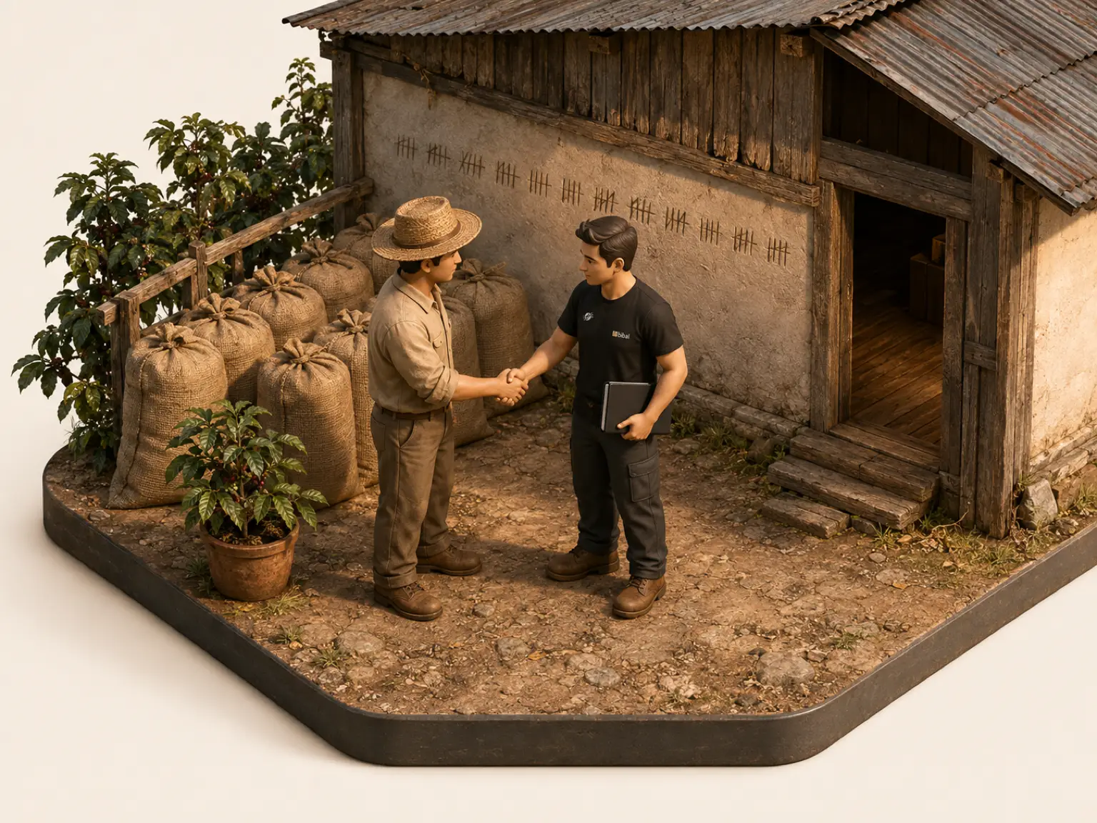 Illustration 3D isométrique : un acheteur Bibal et un producteur se retrouvent sur la finca, récolte après récolte