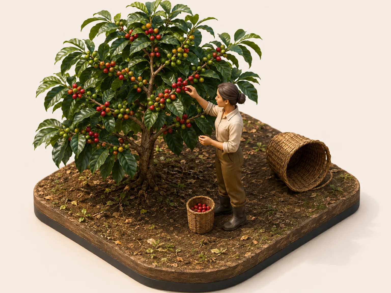 Illustration 3D isométrique : cueillette sélective des cerises mûres, repassée plusieurs fois sur le même arbre