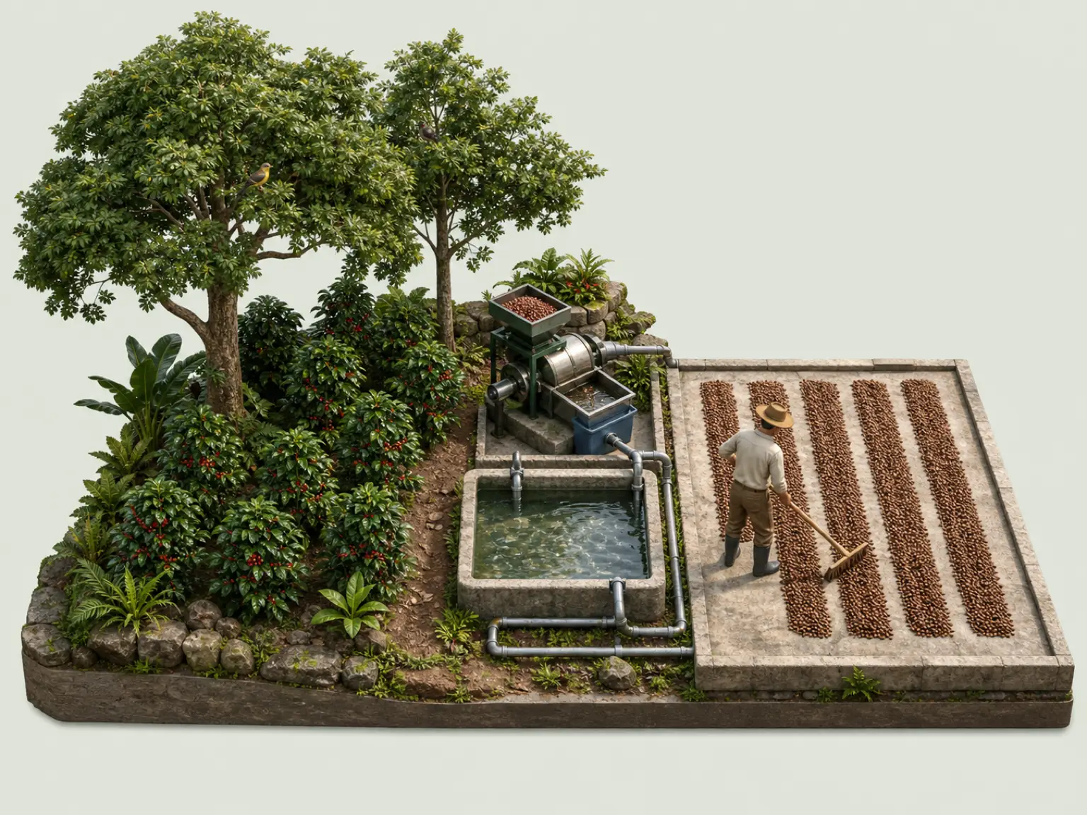 Illustration 3D isométrique : parcelle ombragée, dépulpage économe en eau et patios de séchage