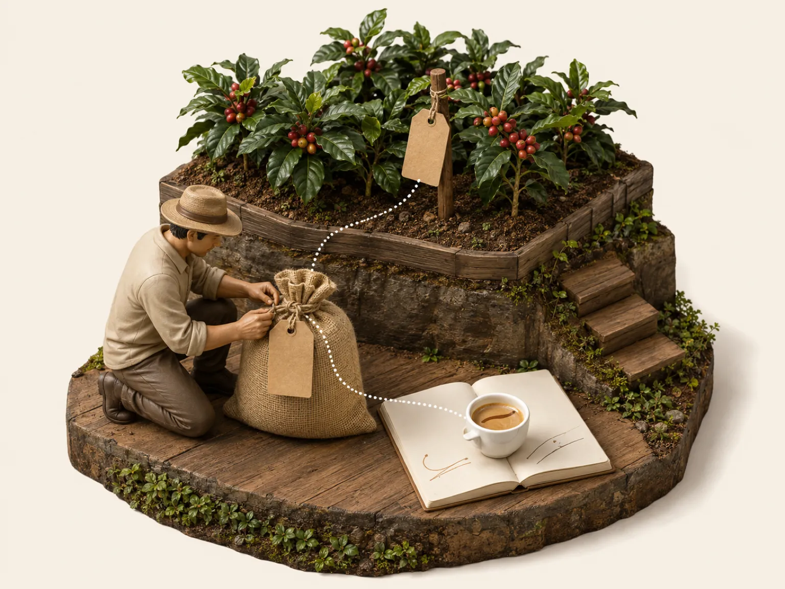 Illustration 3D isométrique : la parcelle repérée sur la finca, du sac étiqueté jusqu'à la tasse