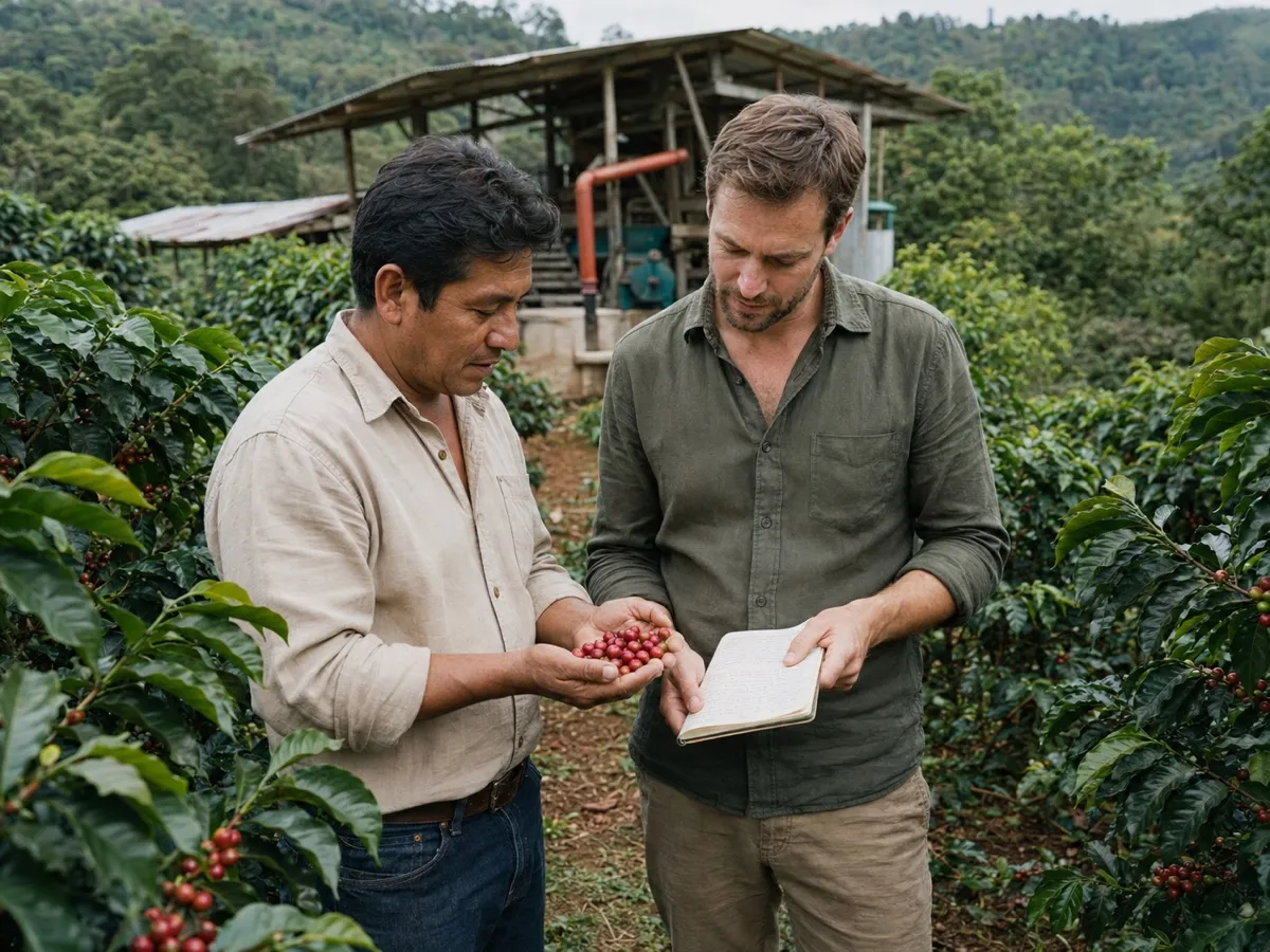 Rencontre entre un acheteur Bibal et un producteur de café sur sa finca