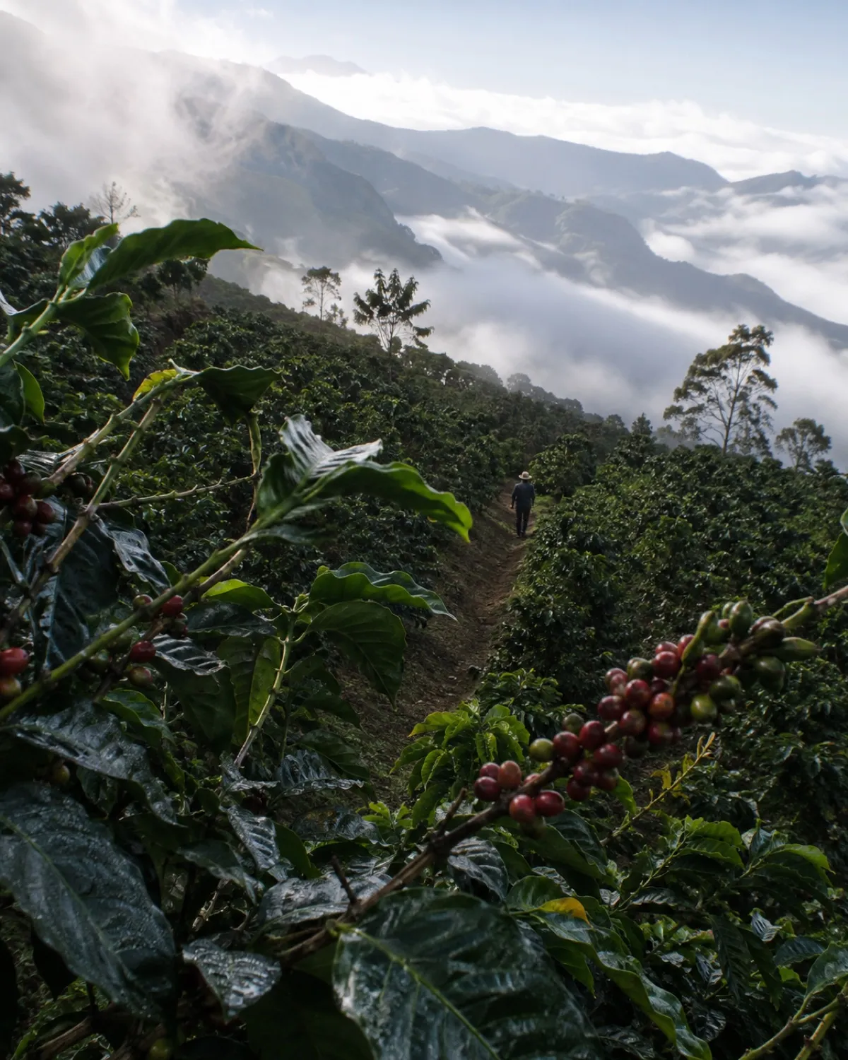 Paysage de plantation de café en altitude, au lever du jour