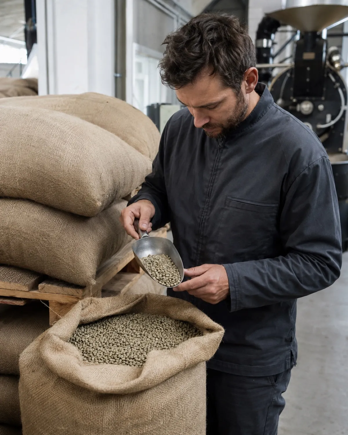 Sacs de café vert dans l'atelier de torréfaction Bibal à Saint-Aunès