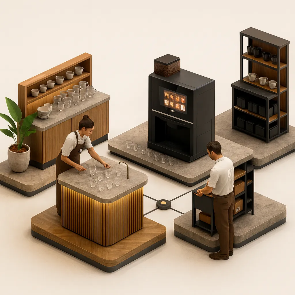 Illustration 3D isométrique de la Solution petit-déjeuner : buffet Rodha self-service, débit de pointe, réassort Bibal