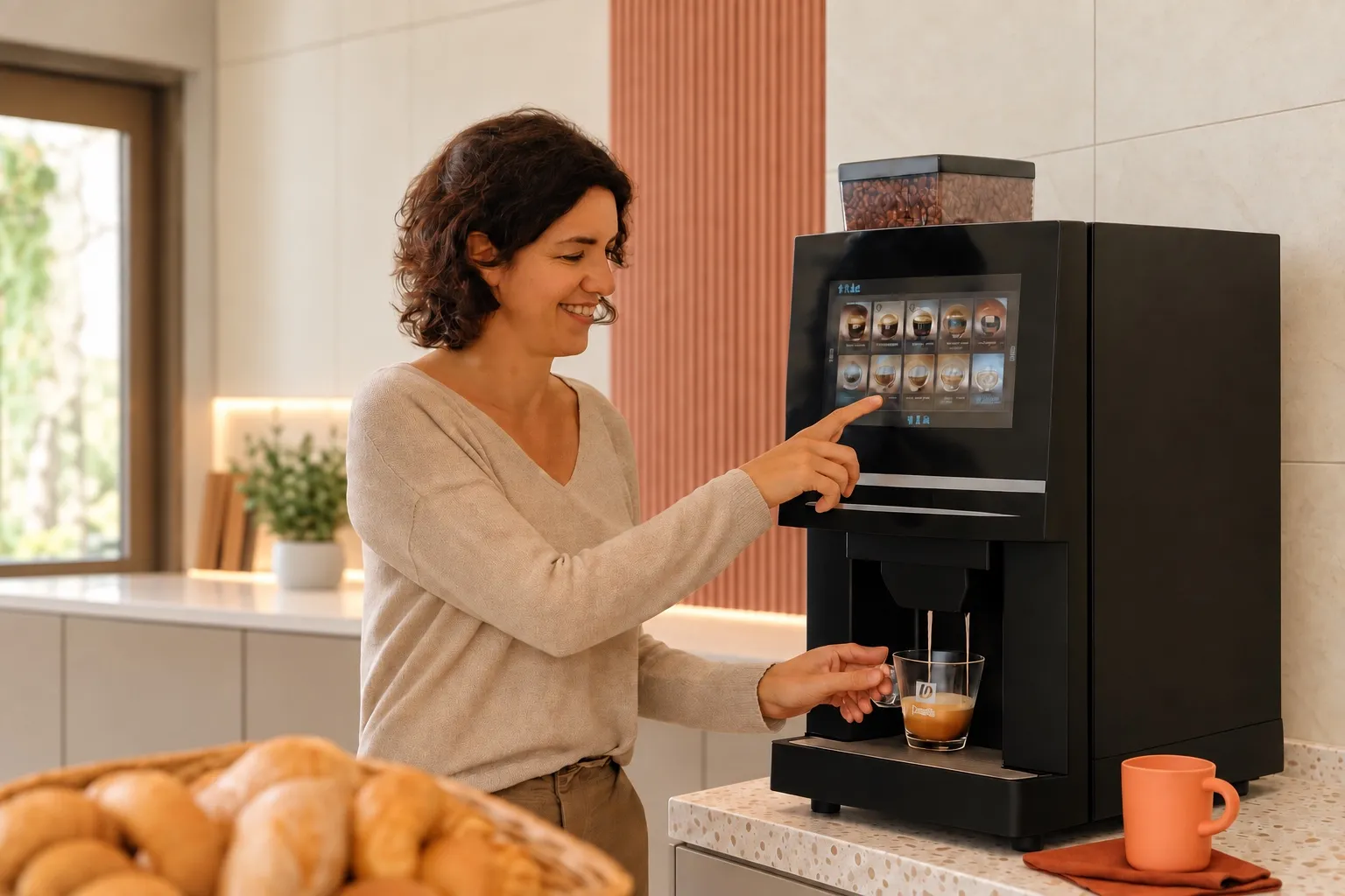 Buffet petit-déjeuner d'hôtel avec machine Rodha en self-service, clients se servant
